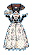 medium/small pixel doll of a lady with pale skin, skiny brown hair in an odd and dramatic oblong updo, wearing a strapless ballgown of a cream colour overlaid with black lace with floral pattern and looped decorative elements, black leather corset and shoulder-lentgh gloves and Atlas beetle face mask, onyx drop earrings, in one hand a white and black spotted caterpillar, hovering above the other hand a moth with white and black spotted wings (ermine moth)